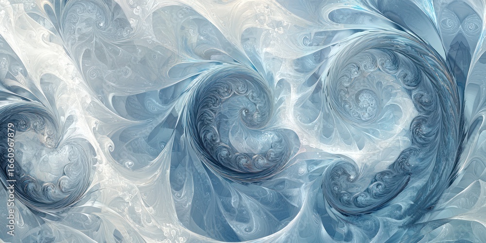 Poster a mesmerizing fractal image showcases intricate swirling patterns in shades of blue and white. the d