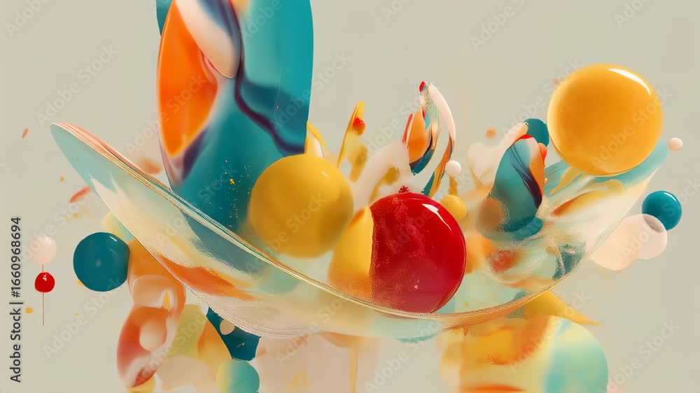 Poster Colorful abstract 3D composition with floating shapes and dynamic swirls in colorful objects and pastel tones
