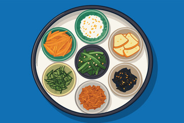 Korean banchan side dishes arrayed around a main dish.
