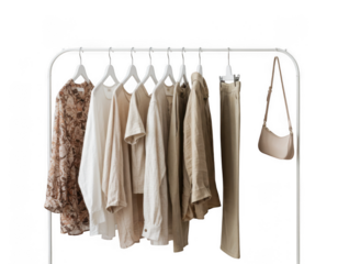 Collection of women s clothing and accessories on a rack isolated on transparent background