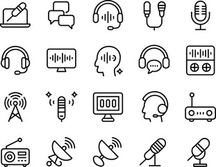 Audio communication icons set, including microphone, headphones, radio, sound wave, podcast, broadcasting, signal tower, satellite dish, voice chat, sound recording, audio equipment