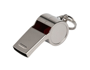 Hanging Stainless Steel Keychain Whistle, front view with shadow detail, isolated on transparent background.