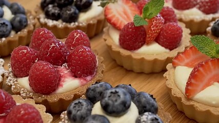 Assorted fruit tarts blueberries raspberries strawberries on a wooden surface Pastries have a creamy filling and crust - Powered by Adobe