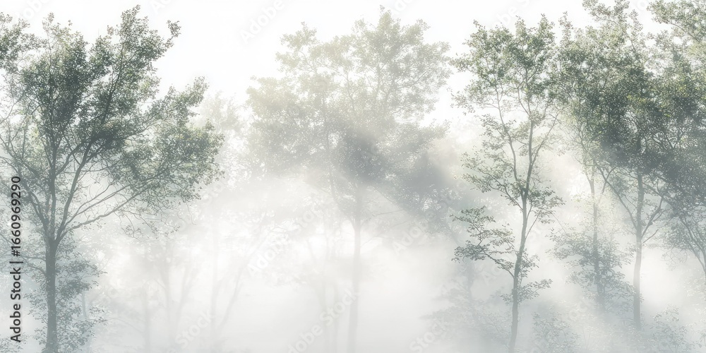 Poster a misty forest scene with trees silhouetted against a bright, diffused light. the trees are partiall