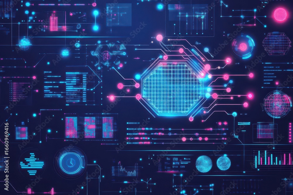 Aufkleber high technology digital futuristic interface connecting abstract data visualizations and holographic