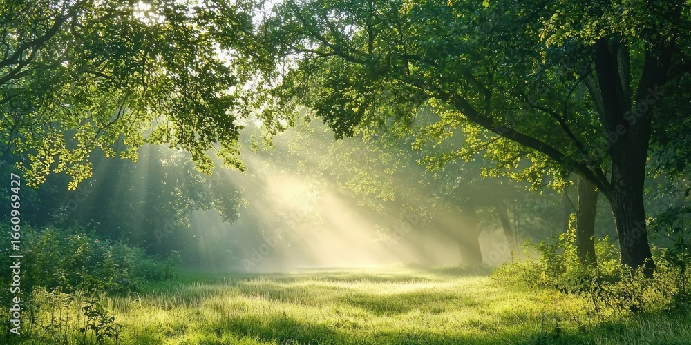 Poster sunlight streams through a dense forest, illuminating a tranquil meadow. tall trees with lush green 