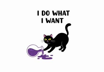 Black cat spilling purple liquid with transparent background