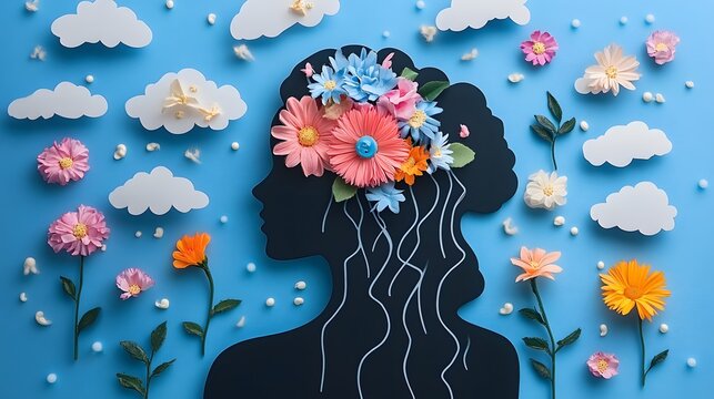 Silhouette of a female head�with flowers and a thunderstorm.