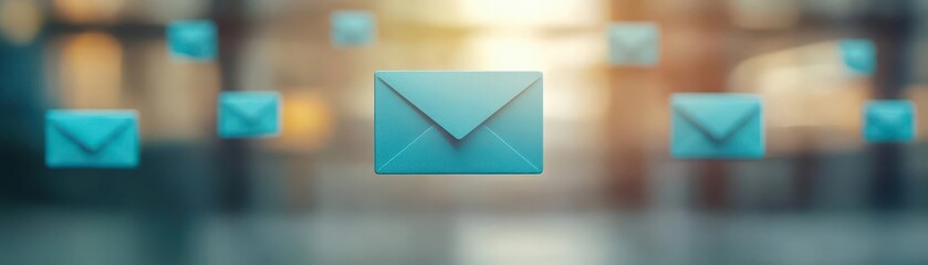 Close-up of multiple blue email envelopes with a focused central email icon on blurred background representing digital communication and email messaging concept