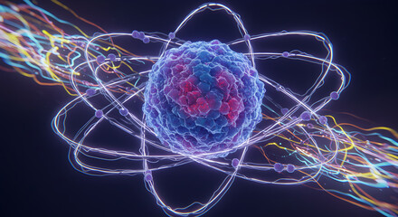 Vibrant Atomic Structure with Energy Trails: Quantum Physics, Science & Technology Concept