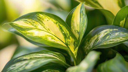 Obraz premium A close-up shot of a vibrant Peace Lily plant with variegated leaves. The leaves are predominantly green with striking yellow and white markings. The sunlight creates a bright, warm glow