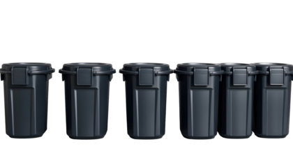 Row of Dark Gray Trash Cans with Closed Lids