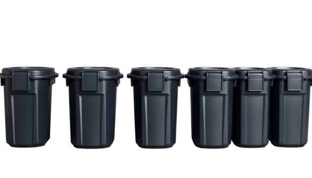 Row of Dark Gray Trash Cans with Closed Lids
