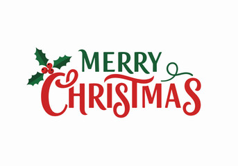 Merry Christmas lettering with holly and transparent background