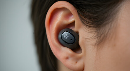 Wireless earbud in human ear, close-up. Modern technology for audio listening and communication.
