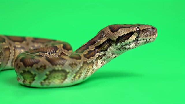 Large Python Snake with Patterned Skin on Bright Green Chroma Key Background