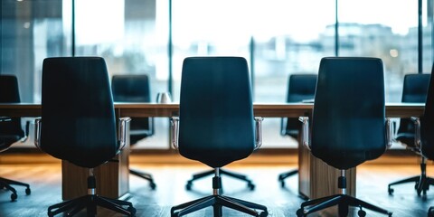 A dark, modern conference room is shown with a long wooden table and several black ergonomic chairs. The chairs are arranged facing the front of the room
