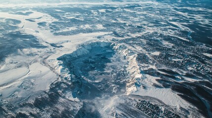An aerial photograph captures a vast, snow-covered landscape dominated by a massive, caldera-like depression in the center. The surrounding terrain is a complex network of ridges