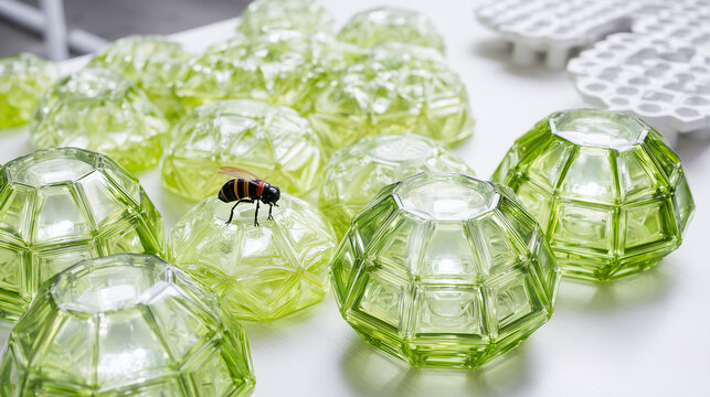 A delicate bumblebee hovering over glowing geometric honeycomb structures with a medicinal aura.