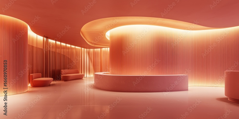 Poster a warmly lit, modern reception area glows with a consistent, soft orange hue. curved, undulating wal