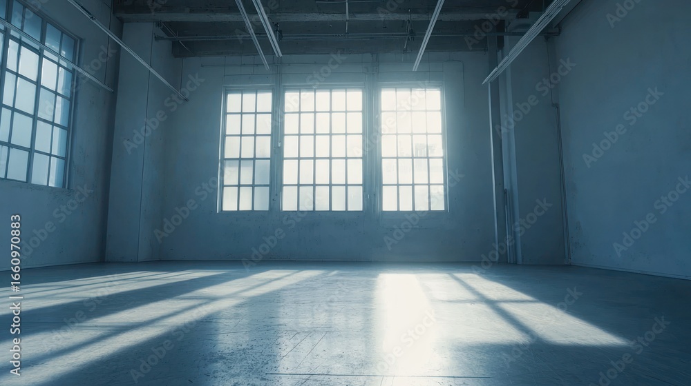 Poster sunlight streams through a large window into a vast, empty industrial space. the room features high 
