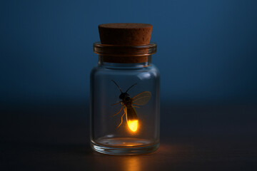 Captivating Firefly in a Glass Jar with Soft Glow Against a Dark Background, Evoking Magic and Nature's Wonders in a Minimalist Setting