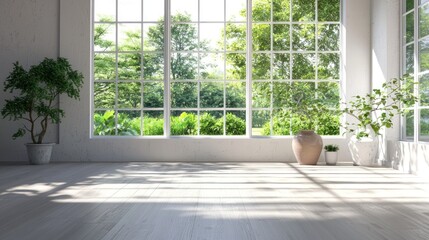 Fototapeta premium A bright, airy room features a large window offering a view of lush greenery. Sunlight streams through the window, casting shadows across the wooden floor. Two potted plants, one small and leafy