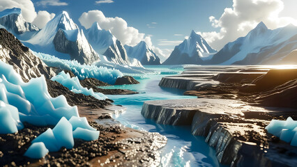 A scenic landscape with turquoise water flowing between icy formations and snow-capped mountains under a blue sky, creating a cold and pristine environment.