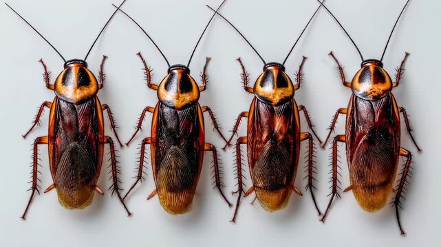 Four cockroaches in a row on white background. Pest control and bug extermination concept