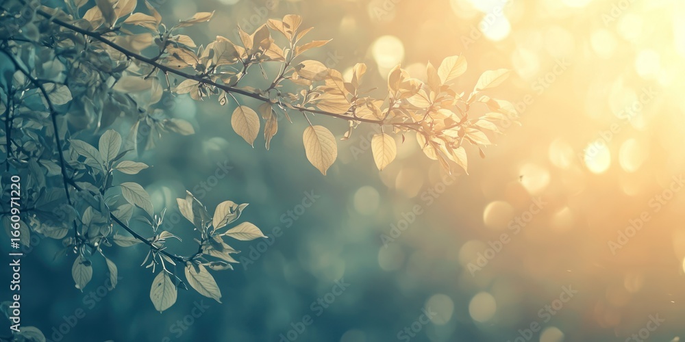 Poster a blurred branch with delicate leaves is silhouetted against a radiant, sunlit background. the leave