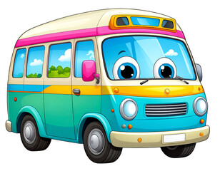 Cute Self-Driving Van with Big Eyes, front view, isolated on transparent background.