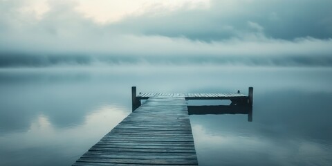 A long wooden dock extends into a calm, misty lake under a cloudy sky. The water reflects the sky and the dock, creating a symmetrical and serene scene