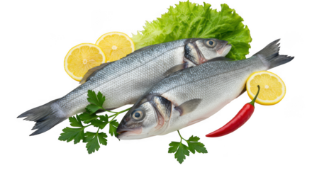 Two fresh sea bass with lemon and chili isolated on transparent background