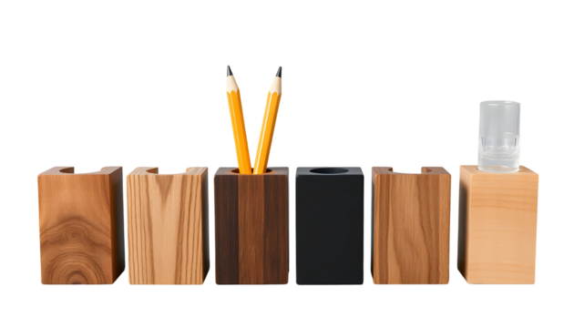 Wooden Desk Organizers with Pencils and Glass on Transparent Background