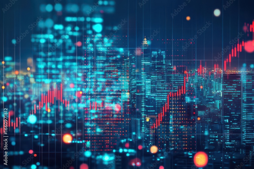 Aufkleber vibrant digital cityscape with glowing data points and dynamic financial charts illustrating technol