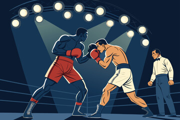 Obraz premium Boxing match under Olympic lights with referee.