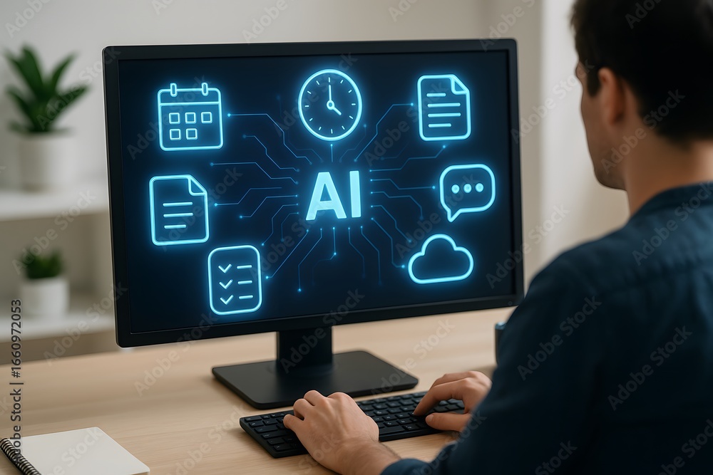 Aufkleber modern ai technology concept with user working on computer showcasing innovation and digital transfo