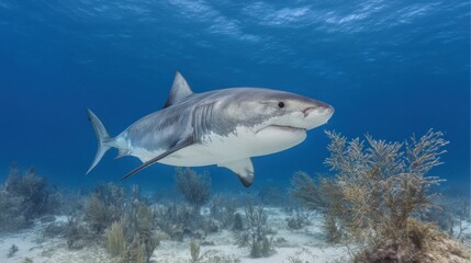 Fototapeta premium Underwater Majesty: The Great White Shark in its Natural Habitat Ocean Depths