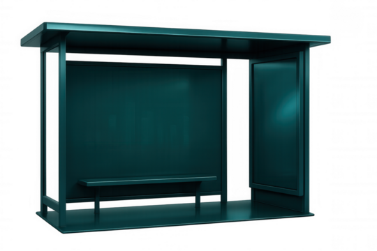 Modern teal green bus stop featuring blank advertising spaces and a bench, isolated on a transparent background