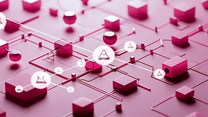 Abstract pink geometric shapes and connections forming a digital network with icons representing science - Powered by Adobe