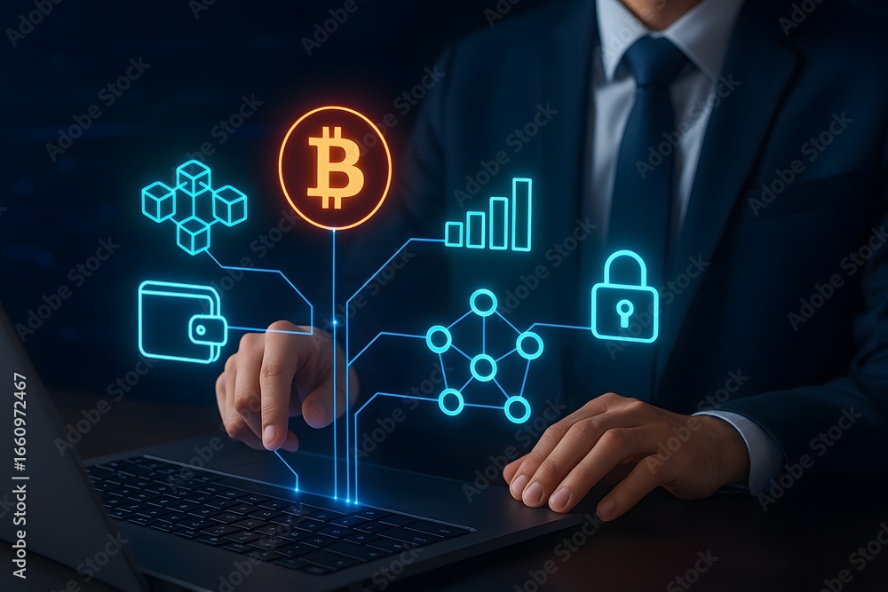 Poster professional in a suit exploring bitcoin technology and secure crypto transactions on laptop, modern