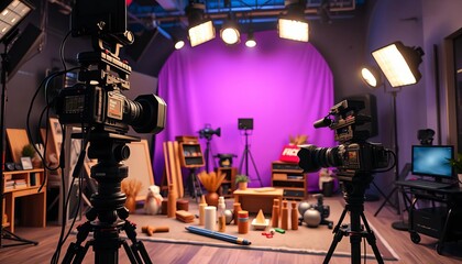 Camera equipment, lighting setup, and props arranged on a film set,  scene,  movie making