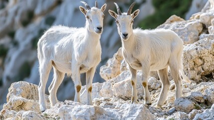Obraz premium Two young, white ibex stand side-by-side on a rocky, limestone hillside. The goats have prominent, curved horns and alert expressions. 