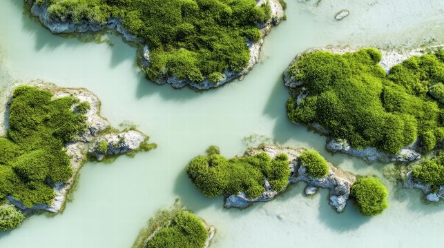 Aerial view of green islands scattered in light water, natural landscape travel destination environmental concept