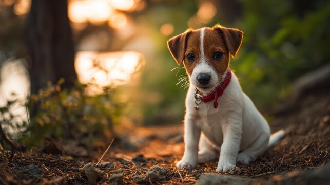 White and brown dog with red collar sitting on forest ground at sunset, blurred warm background pet photography - Powered by Adobe
