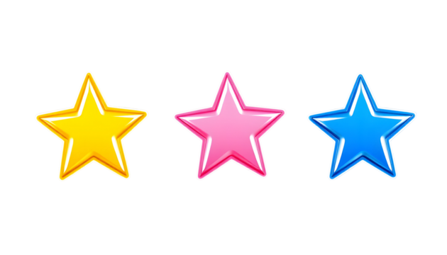 Three Shiny Cartoon Stars Yellow Pink and Blue