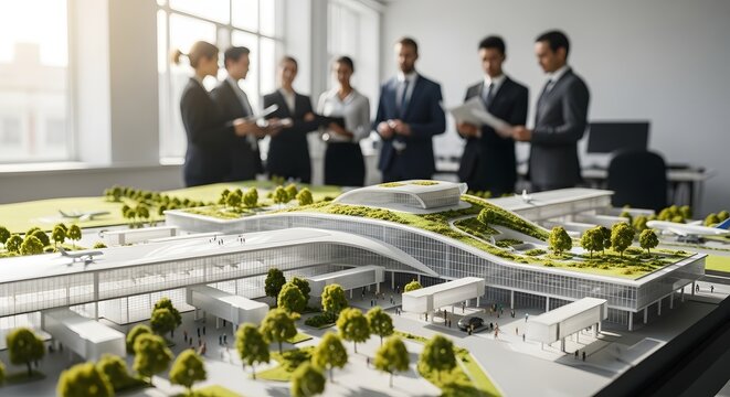 Business professionals gather around a detailed architectural model of a modern building complex.