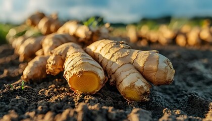 Freshly harvested ginger roots in a field.