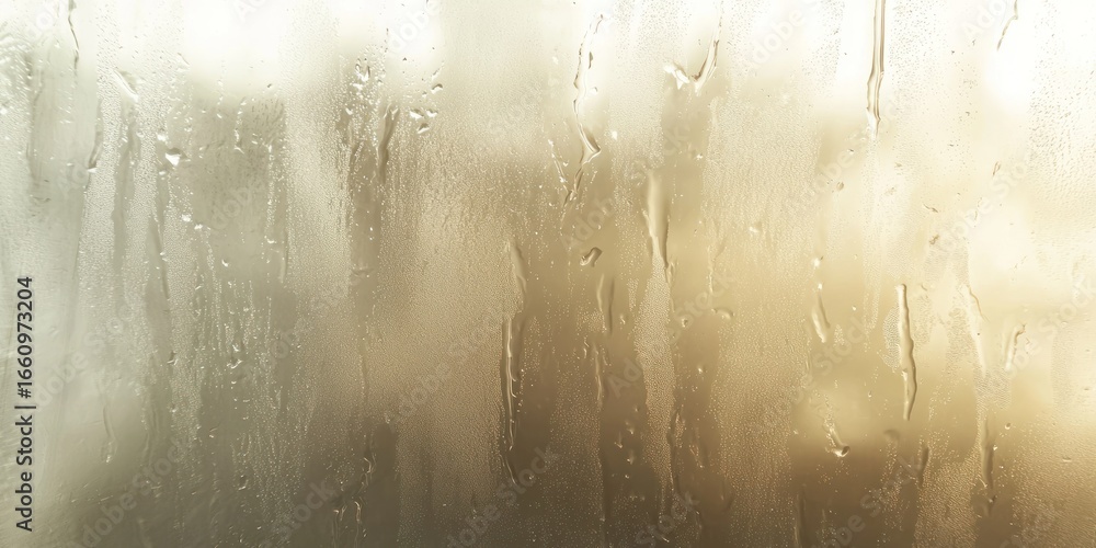 Poster rain streaks down a windowpane, blurring the view beyond. the glass is coated with water droplets, c