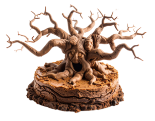 A dark, gnarled tree cake with a spooky, haunted forest theme, perfect for Halloween or horror-themed events.
